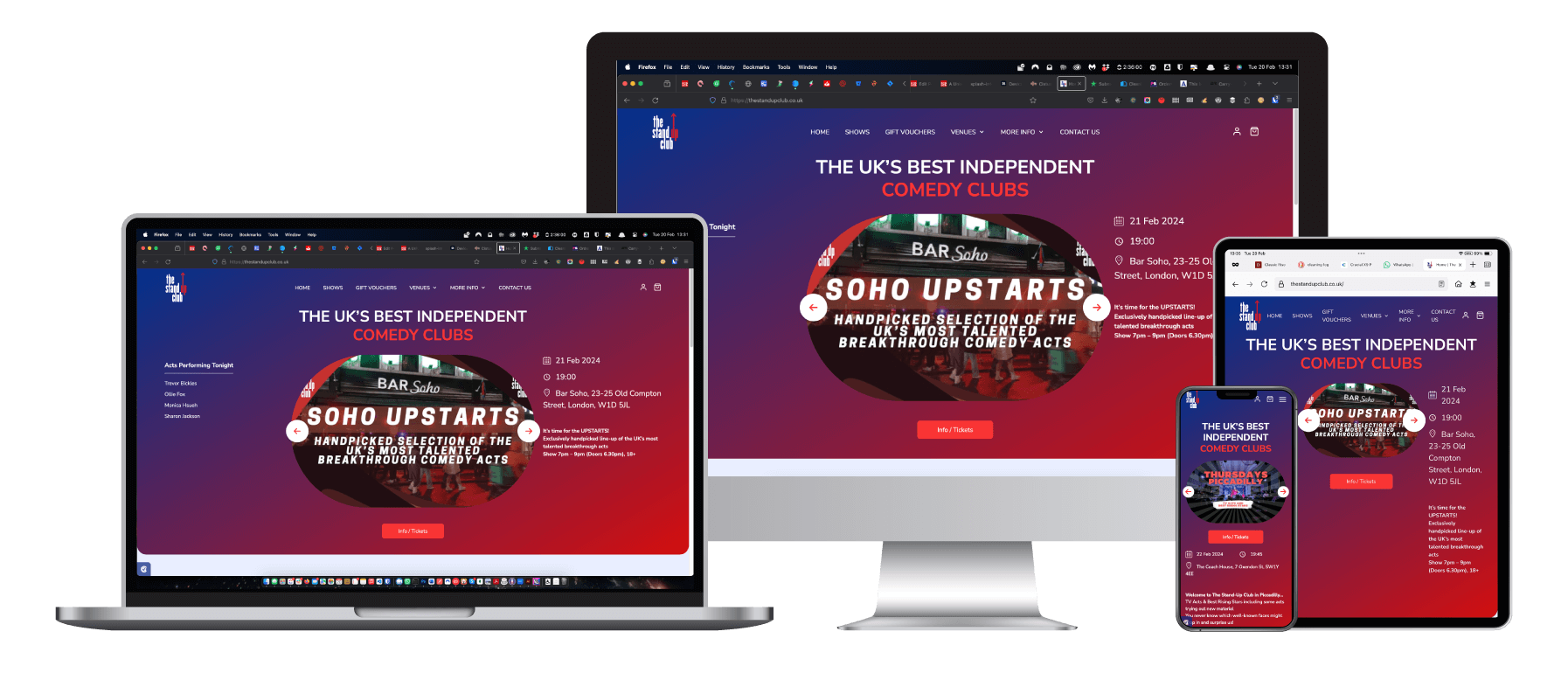 StandUp Club website on different sized devices