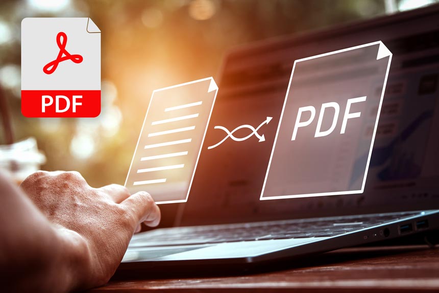 Stylised composite photo of user's hands at laptop with overlaid symbols of documents being convertd to PDF