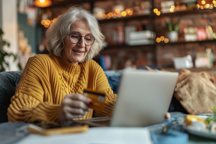 A grey-haired woman wearing glasses holds a credit card while using a laptop