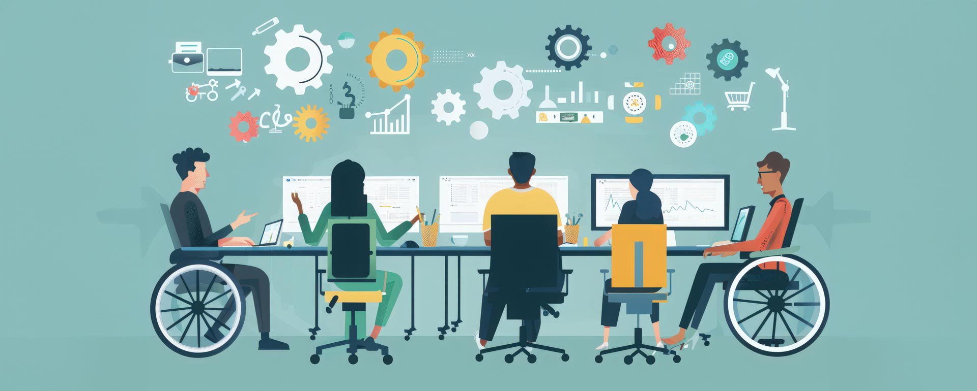 Illustration of group of people working at a table on computers. Some of the people are in wheelchairs. Icons relating to work are around them.